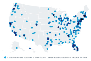 A map of the continental United States shows care locations outside Connecticut identified for Yale New Haven Health patients by Record Locator & Exchange. Records were found in 49 states and Puerto Rico.